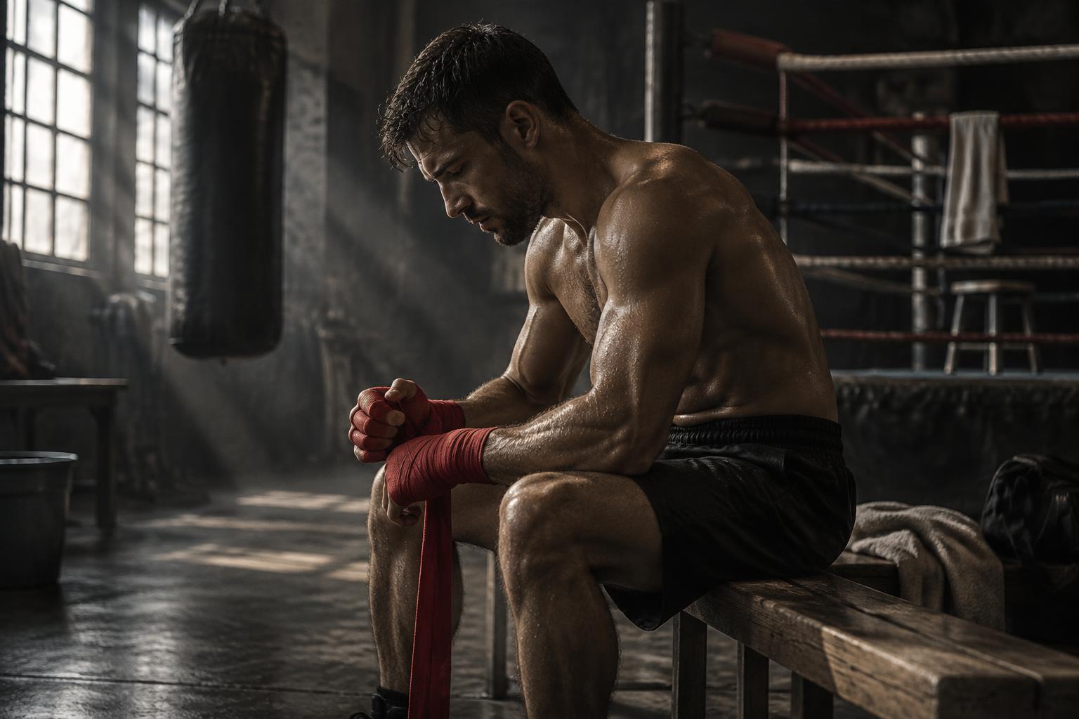 A boxer preparing his hand wraps in a boxing gym